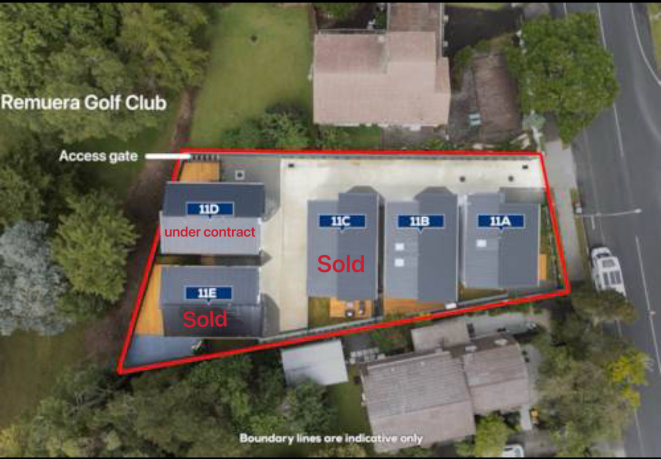 Aerial view of 11B Norman Lesser Drive, St Johns, a 4 bedroom House with a grey roof, part of a row of units, adjacent to Remuera Golf Club.